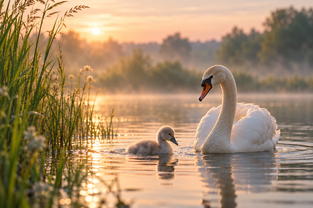 Swan and signet swimming on the lake