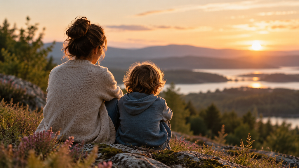 Mother and child are sitting next to each other watching sunset