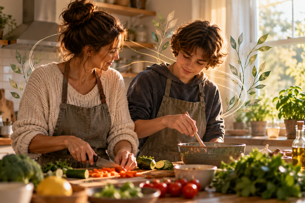 Mother and a teenage child cooking